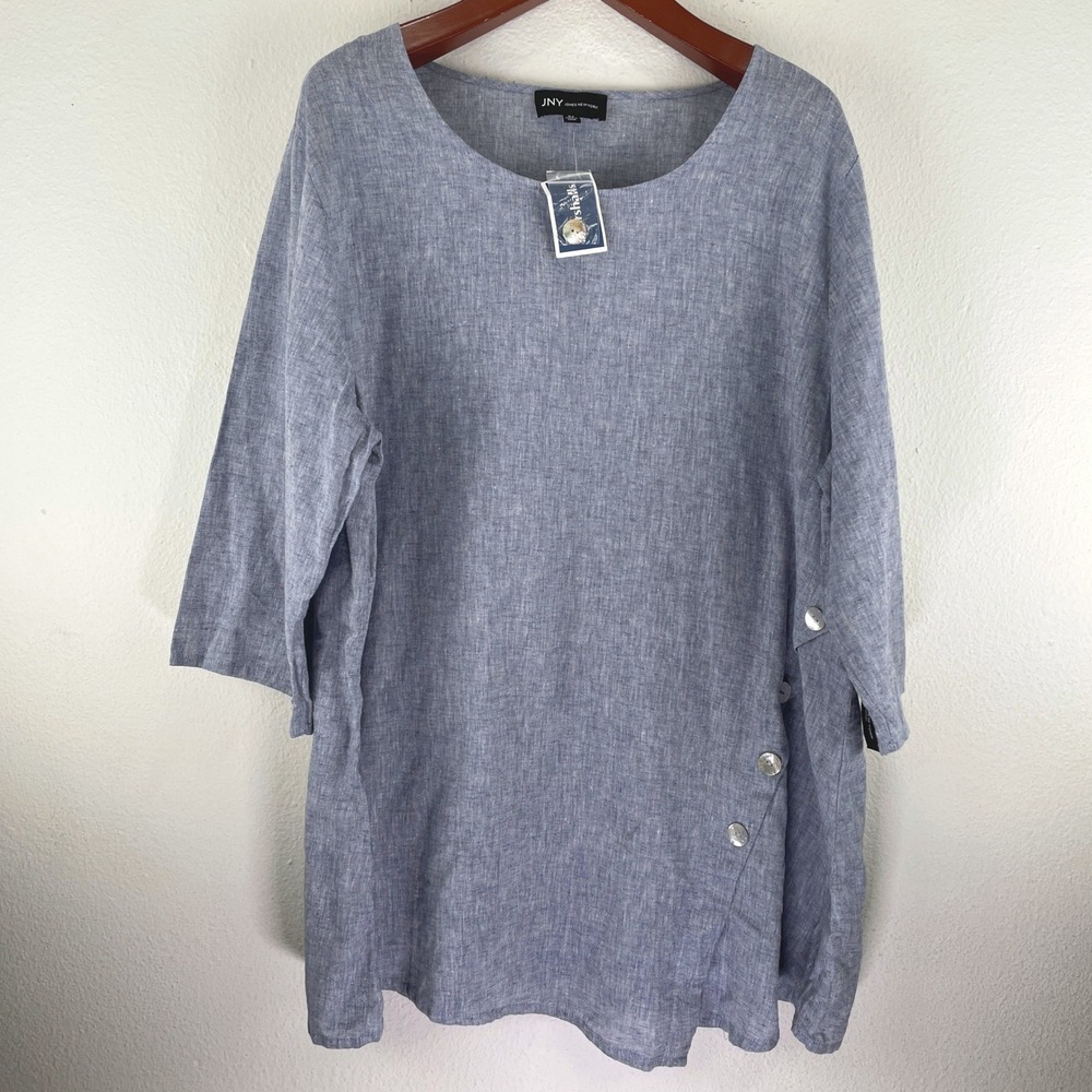 Jones New York Blue Linen Cotton Asymmetric Top 3X NWT Lagenlook Boho Coastal